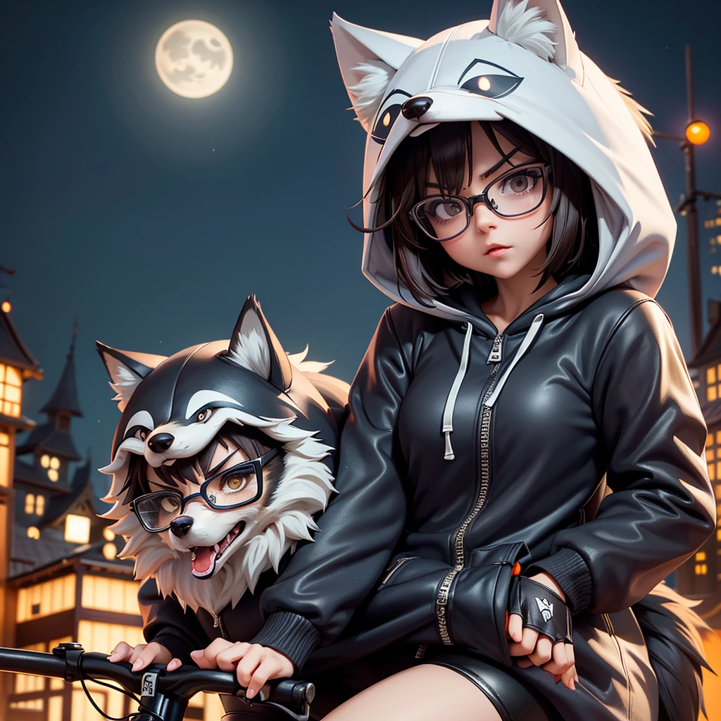 (Highest quality:1.2)。One Woman。Beautiful woman。Brunette short bob。Glasses。Angry expression。(Wearing a hooded wolf costume)。(Riding hard on a bicycle)。The background is a Halloween town at night。