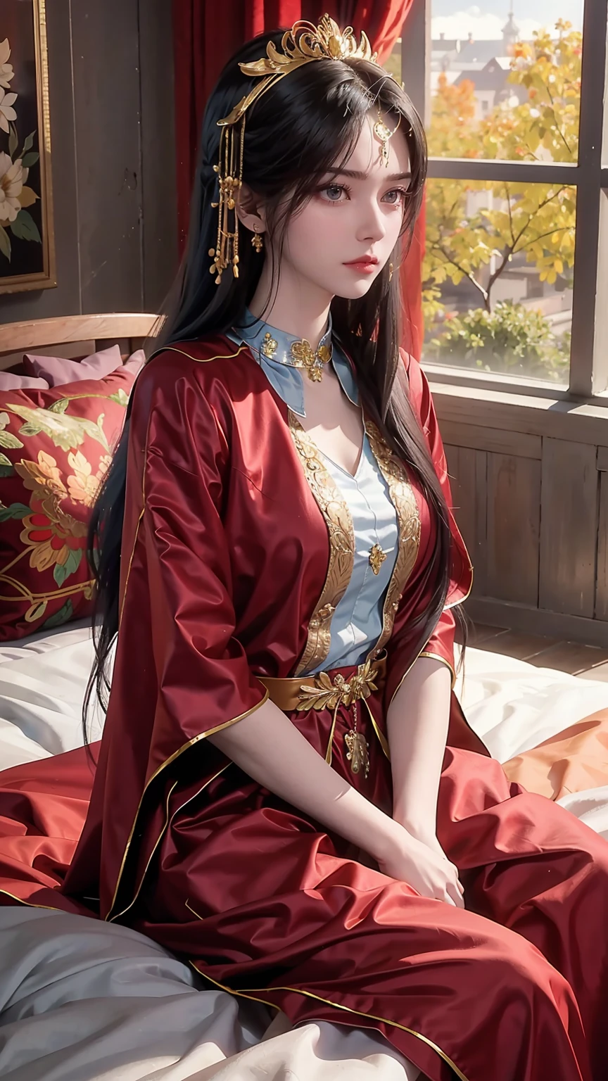 A beautiful young woman,Long hair,Wearing pajamas,Sitting on the bed,barefoot,Wearing a dress,Side-lying,Cross-legged,Full body shot,(Best picture quality,4K,8K,high-definition,excellent work:1.2),Ultra Detail,(Realistic,Realistic,Realistic:1.37),Delicate eyes,Delicate lips,Extremely detailed face and eyes,Long eyelashes,Natural light,Warm colors,Soft Focus,portrait,Chiaroscuro,Deep scene,Jade Hands,Clear fingers