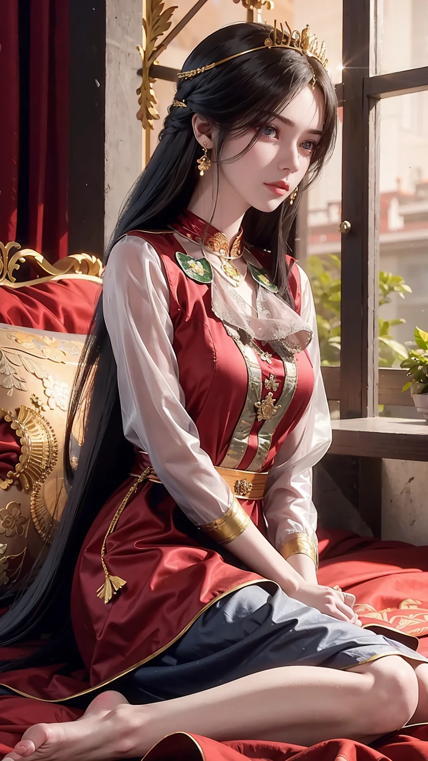 A beautiful young woman,Long hair,Wearing pajamas,Sitting on the bed,barefoot,Wearing a dress,Side-lying,Cross-legged,Full body shot,(Best picture quality,4K,8K,high-definition,excellent work:1.2),Ultra Detail,(Realistic,Realistic,Realistic:1.37),Delicate eyes,Delicate lips,Extremely detailed face and eyes,Long eyelashes,Natural light,Warm colors,Soft Focus,portrait,Chiaroscuro,Deep scene,Jade Hands,Clear fingers