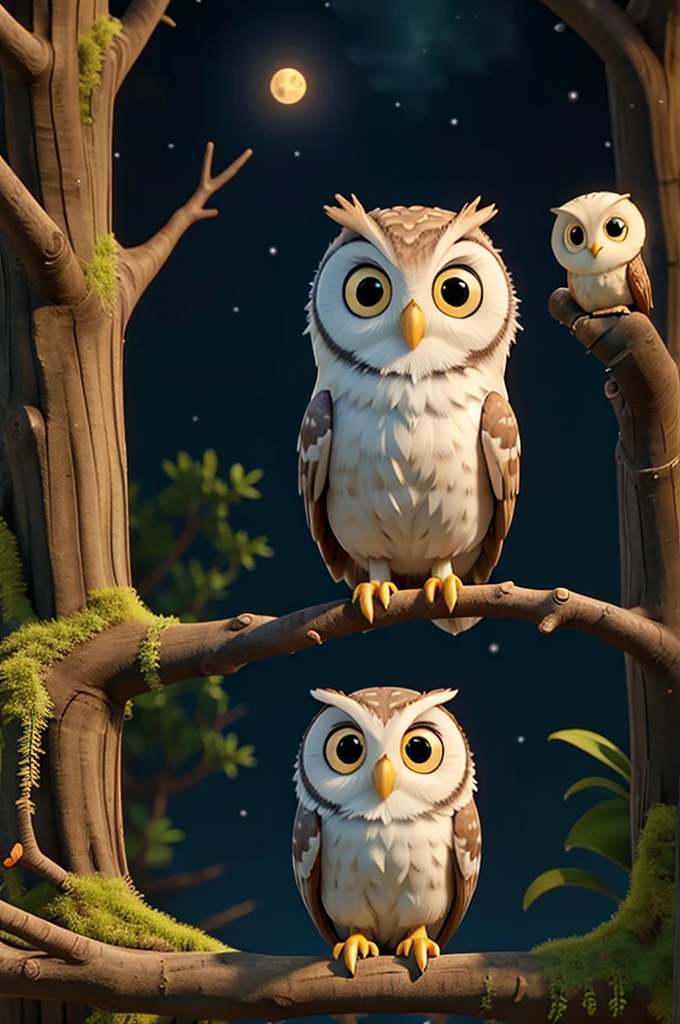 Lily meeting Orion, a wise owl with piercing eyes perched on a branch.