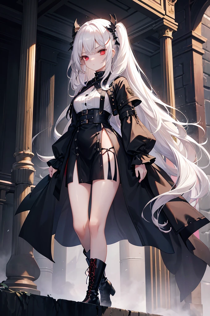 Girl, 20 years old, with long white hair down to below her waist, a serious yet tender expression, and red eyes. Her hair features black streaks. She wears antique-style clothing, a long black dress with a slit on the legs, and high black boots that almost reach her knees. Her power and background are related to shadows and darkness.