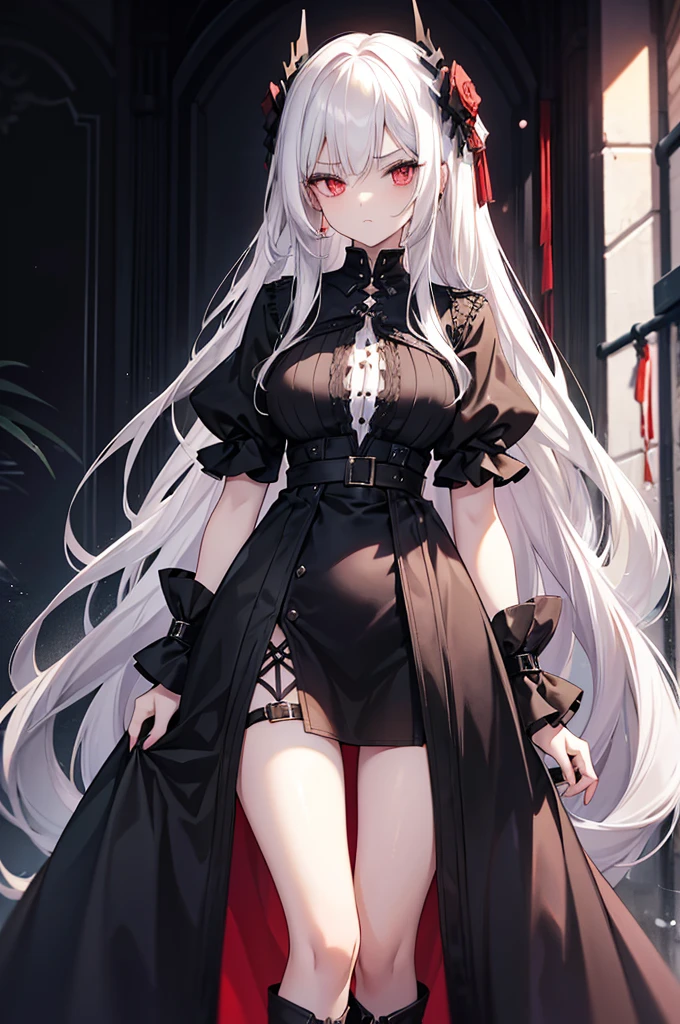Girl, 20 years old, with long white hair down to below her waist, a serious yet tender expression, and red eyes. Her hair features black streaks. She wears antique-style clothing, a long black dress with a slit on the legs, and high black boots that almost reach her knees. Her power and background are related to shadows and darkness.