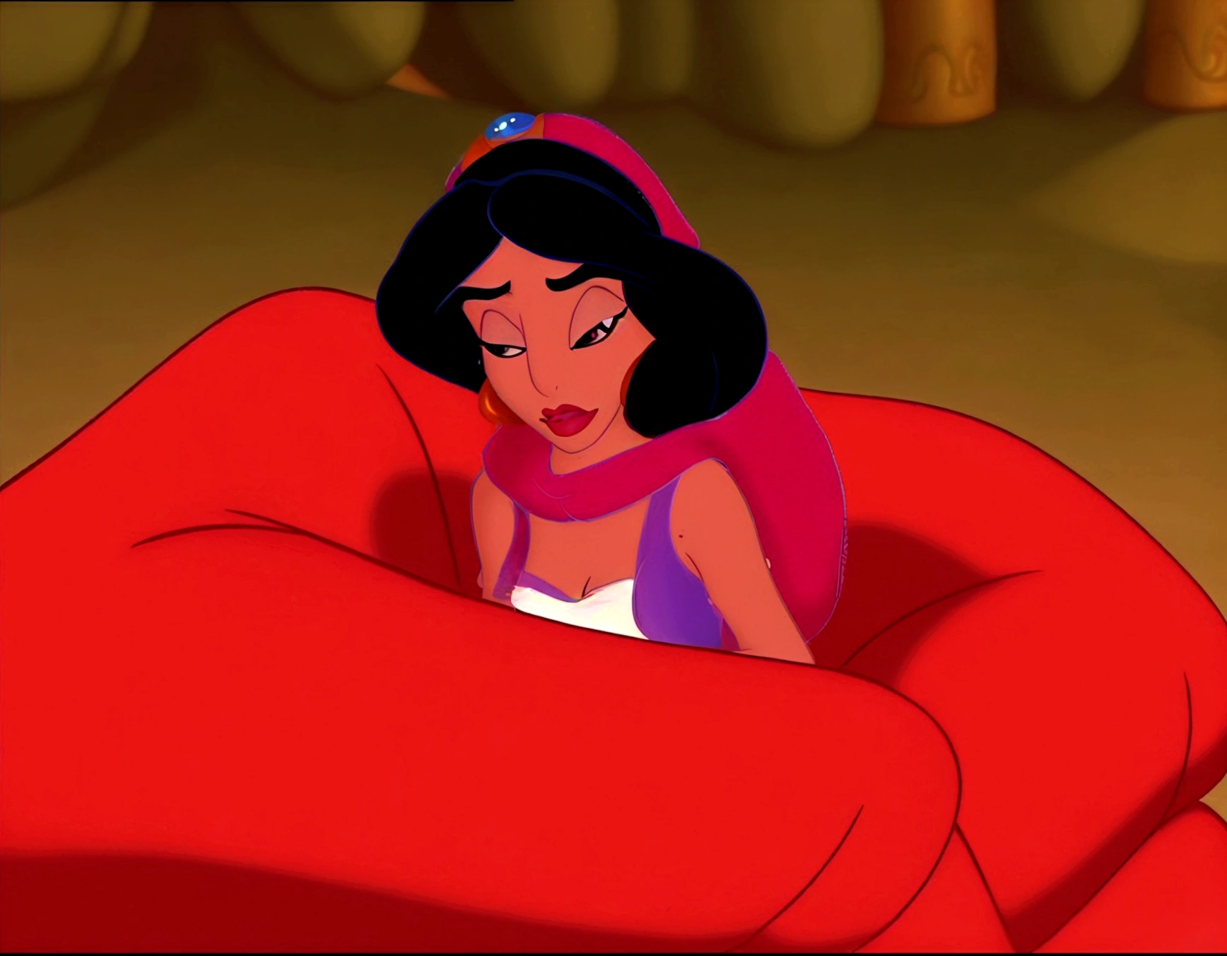 araffe in a red and black striped dress sitting on a giant chocolate donut, aladdin, princess jasmine, female disney villain, disney 2d animation still, disney art style, art in the style of disney, jasmine, style of disney animation, in style of disney animation, classic disney mood, princes jasmin, disney character, genndy tartakovsky