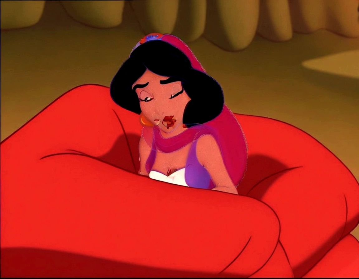 a close up of a cartoon of a woman in a red chair, princess jasmine, megara, aladdin, princes jasmin, sleeping princess!!!!, classic disney mood, pocahontas, someone sits in bed, jasmine, genndy tartakovsky, disney 2d animation still, aesthetic!!!!!! female genie, arabian princess, style of disney animation, female disney villain