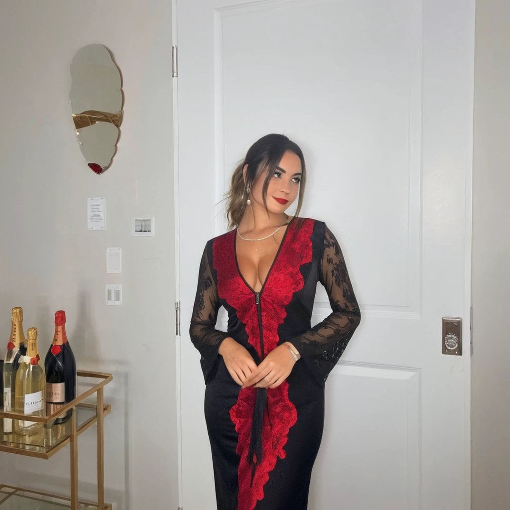 'une femme séduisante dans un cadre parfait pour un post Instagram. La femme a une silhouette élancée et porte une robe moulante élégante de couleur rouge éclatant avec des détails sophistiqués et séduisants. Ses cheveux sont longs, ondulés et brun foncé, tombant librement sur ses épaules. Elle porte un maquillage glamour avec un rouge à lèvres rouge intense et un eye-liner prononcé. La femme pose de manière confiante, une main sur la hanche et l'autre tenant une coupe de champagne, avec un sourire mystérieux et séduisant sur son visage.