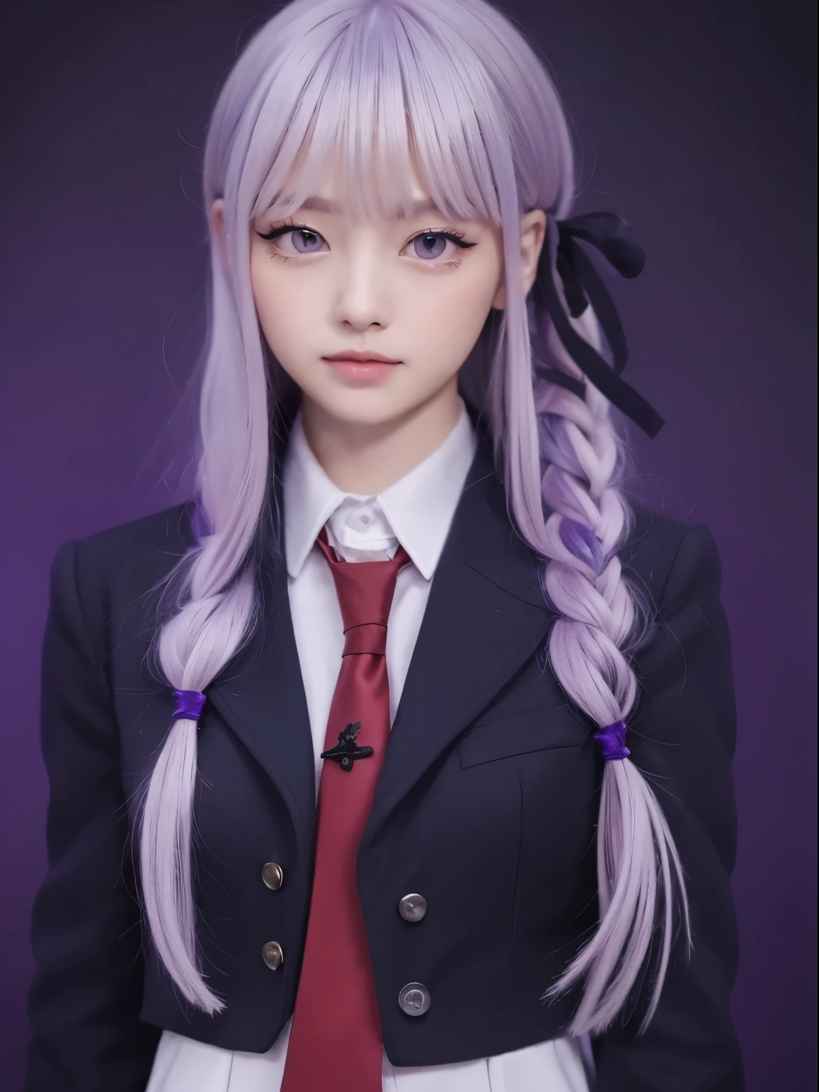 (Best Quality, masutepiece:1.2), 1 girl, 20 years old, Solo, white hair,Eyes with beautiful details,(school uniform),The upper part of the body,Bangs,ear, dark purple jacket, red tie, long hair, blush, look at viewer,