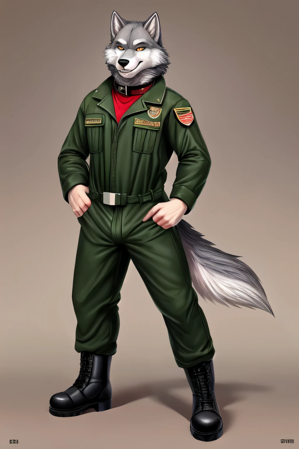((Лучшее качество)), ((шедевр)), (подробный), Furry, male, wolf, grey colour, looking at viewer, coveralls, leather collar, grey eyes, smiley look, leather collar, green military uniform and army boots, simple background, furry grey male paws, bulge
