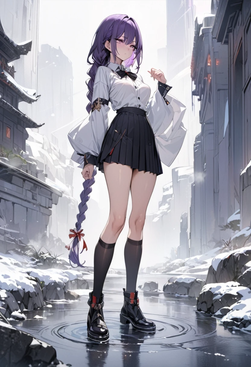 masterpiece,(bestquality),highlydetailed,ultra-detailed, cold, solo, (1girl), dark purple hair, very long single braid, bright purple eyes, white collared shirt with white furisode sleeves, thin red bow tie under the collar, diamond-shaped pin on the front of the bow, black high-waisted pleated skirt, dark purple high socks, black ankle boots, medium breasts, calm, expressionless, white background, full body, standing