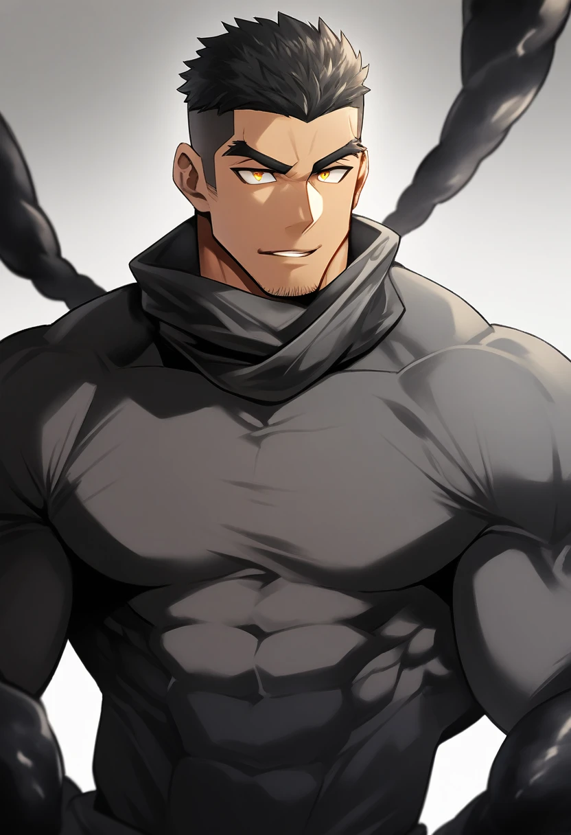 anime characters:Superhero in tights, negro black skin, He was entangled by a large number of thick black tentacles, Very stout, Lots of mucus, Wrap around the neck, Wrap around the waist, Tightly tied, Manliness, male focus, Yellow and black high collar long sleeve tight T-shirt, Slightly transparent material, Very tight, Round, full and perky chest muscles, Male dog waist, Slightly transparent, muscular male, muscular, only, Upper body, alone, Black short hair, Thick eyebrows, stubble, Yellow eyes, Grey background, simple background, amazing quality, best aesthetics, Ridiculous, bright pupils, crew cut, parted lips, seductive smile, torogao, naughty face, drop shadow, best quality