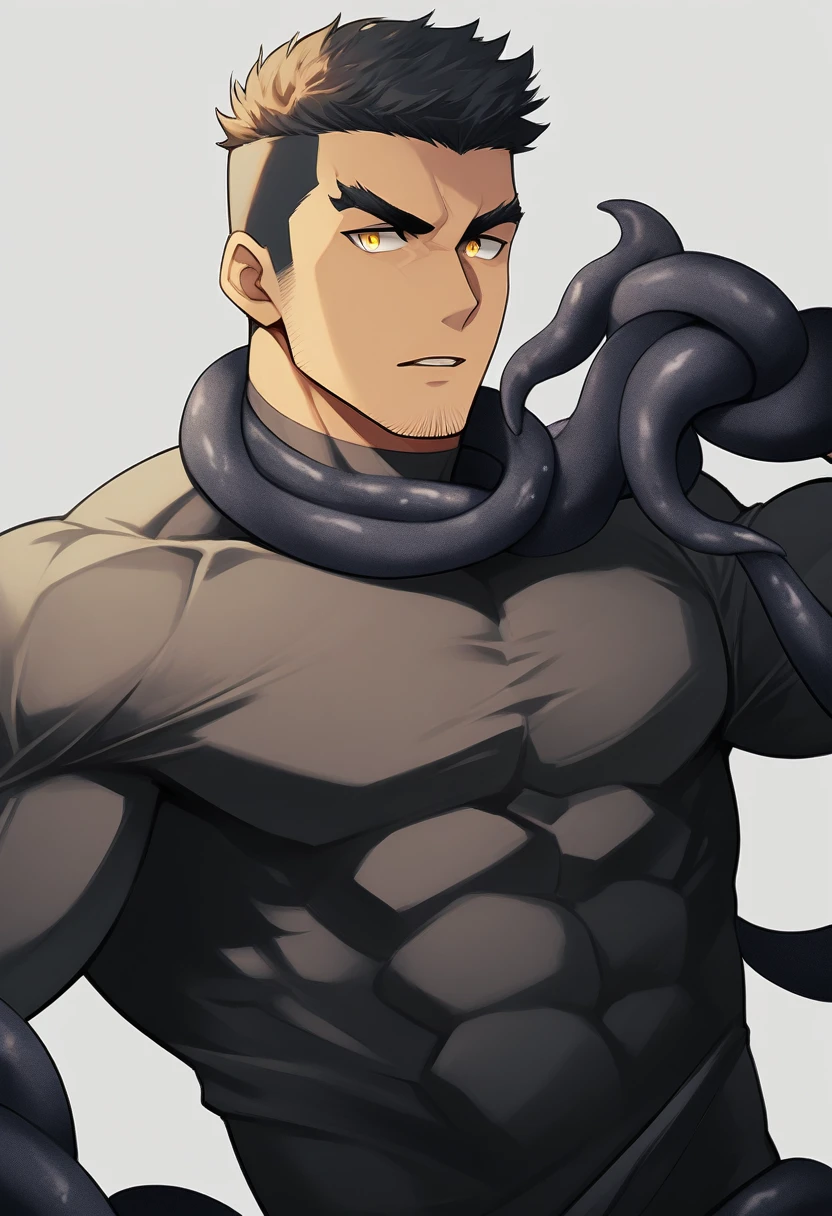 anime characters：Superhero in tights, negro black skin, He was entangled by a large number of thick black tentacles, Very stout, Lots of mucus, Wrap around the neck, Wrap around the waist, Tightly tied, Manliness, male focus, Yellow and black high collar long sleeve tight T-shirt, Slightly transparent material, Very tight, Round, full and perky chest muscles, Male dog waist, Slightly transparent, muscular male, muscular, only, Upper body, alone, Black short hair, Thick eyebrows, stubble, Yellow eyes, Grey background, simple background, amazing quality, best aesthetics, Ridiculous, bright pupils, crew cut, parted lips, seductive smile, torogao, naughty face, drop shadow, best quality
