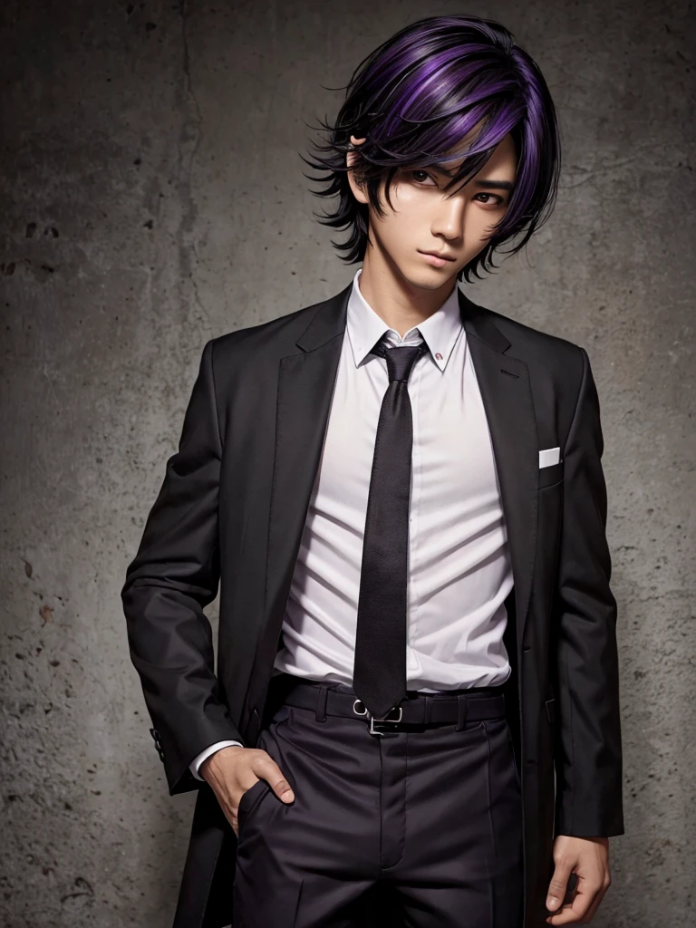 (best quality), 1boy, Male, asian, white skin, black hair, short  hair, purple streaked hair, Messy Waves, brown eyes, perfect eyes, gakuran uniform, masterpiece, anatomically correct, highres
