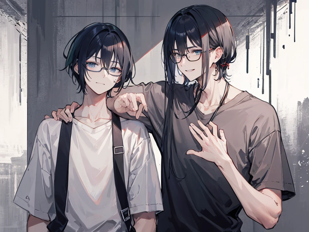 A thin man wearing glasses who looks depressed(skinny)A muscular man smiling at another man with his hand on his shoulder、Highest quality、
