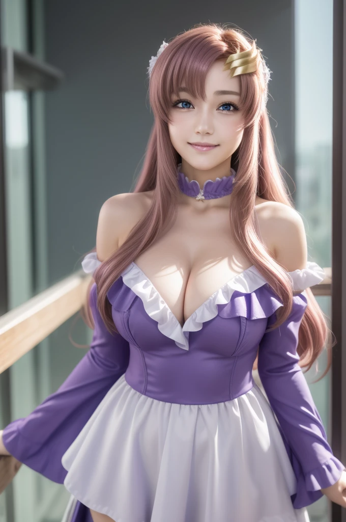 lacusclyne, lacus clyne, (purple eyes:1.1), hair ornament, long hair, wave hair ornament, pink hair, smile, open mouth,
BREAK dress, long dress, long sleeves, white sleeves, frills frilled skirt, frilled sleeves, detached sleeves, bare shoulders, purple skirt, purple frills,
BREAK 1girl, 20 years old, (Generous Breasts:1.2), Plump shape, 
BREAK looking at viewer, (cowboy shot:1.5),
BREAK outdoors, space, star \(sky\), sun, 
BREAK (Highest quality、4K、8K, masterpiece:1.3), Ultra detailed face, Detailed lips, Detailed eyes, double eyelid, BREAK, (Encouraging smile:1.3), (Seductive pose:1.5), (dynamic pose:1.3), dynamic angle, BREAK, 