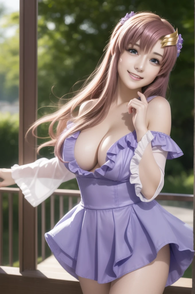 lacusclyne, lacus clyne, (purple eyes:1.1), hair ornament, long hair, wave hair ornament, pink hair, smile, open mouth,
BREAK dress, long dress, long sleeves, white sleeves, frills frilled skirt, frilled sleeves, detached sleeves, bare shoulders, purple skirt, purple frills,
BREAK 1girl, 20 years old, (Generous Breasts:1.2), Plump shape, 
BREAK looking at viewer, (cowboy shot:1.5),
BREAK outdoors, space, star \(sky\), sun, 
BREAK (Highest quality、4K、8K, masterpiece:1.3), Ultra detailed face, Detailed lips, Detailed eyes, double eyelid, BREAK, (Encouraging smile:1.3), (Seductive pose:1.5), (dynamic pose:1.3), dynamic angle, BREAK, 