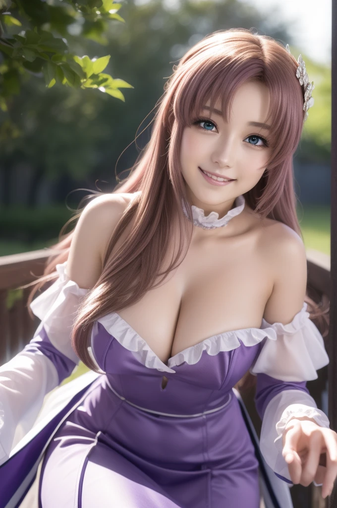 lacusclyne, lacus clyne, (purple eyes:1.1), hair ornament, long hair, wave hair ornament, pink hair, smile, open mouth,
BREAK dress, long dress, long sleeves, white sleeves, frills frilled skirt, frilled sleeves, detached sleeves, bare shoulders, purple skirt, purple frills,
BREAK 1girl, 20 years old, (Generous Breasts:1.2), Plump shape, 
BREAK looking at viewer, (cowboy shot:1.5),
BREAK outdoors, space, star \(sky\), sun, 
BREAK (Highest quality、4K、8K, masterpiece:1.3), Ultra detailed face, Detailed lips, Detailed eyes, double eyelid, BREAK, (Encouraging smile:1.3), (Seductive pose:1.5), (dynamic pose:1.3), dynamic angle, BREAK, 