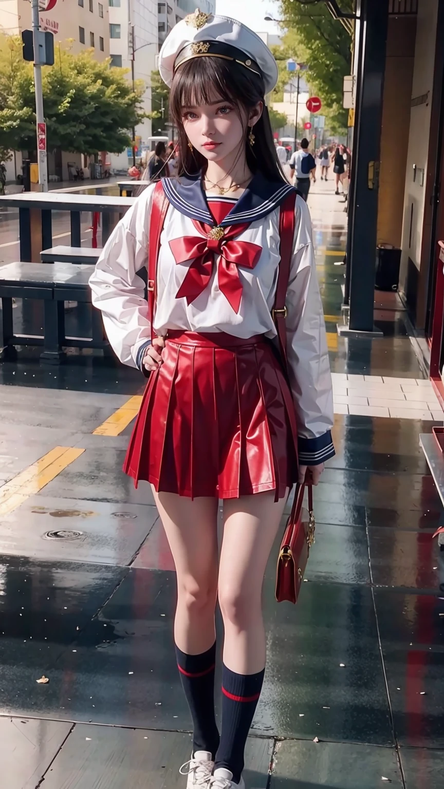High school girl、Sailor Suit、Navy red mini skirt、Knee socks、Sexy