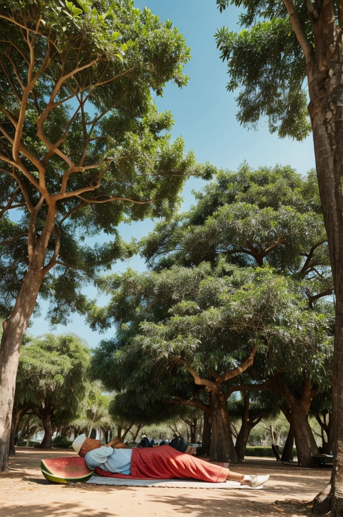 An old man is lying down eating watermelon under a banyan tree