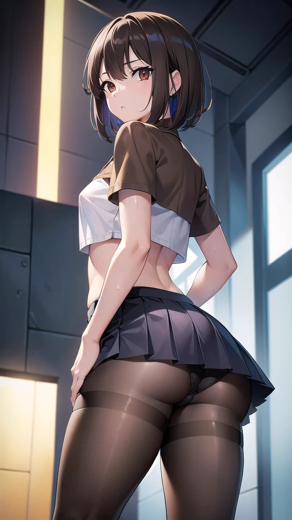 nobarakugisaki, nobara kugisaki, bob cut, (brown eyes:1.7), brown hair, lips, short hair, BREAK belt, brown belt, brown pantyhose,white crop top, crop top overhang,wet crop top,pantyhose, pleated skirt, shirt tucked in, skirt, blue skirt,skinny fit, BREAK looking at viewer,BREAK (masterpiece:1.2), best quality, high resolution, unity 8k wallpaper, (illustration:0.8), (beautiful detailed eyes:1.6), extremely detailed face, perfect lighting, extremely detailed CG, (perfect hands, perfect anatomy),street,night,cyberpunk,neon lights, wet road,from behind,nipples,upskirt,showing panties,small ass,thin legs,heels,