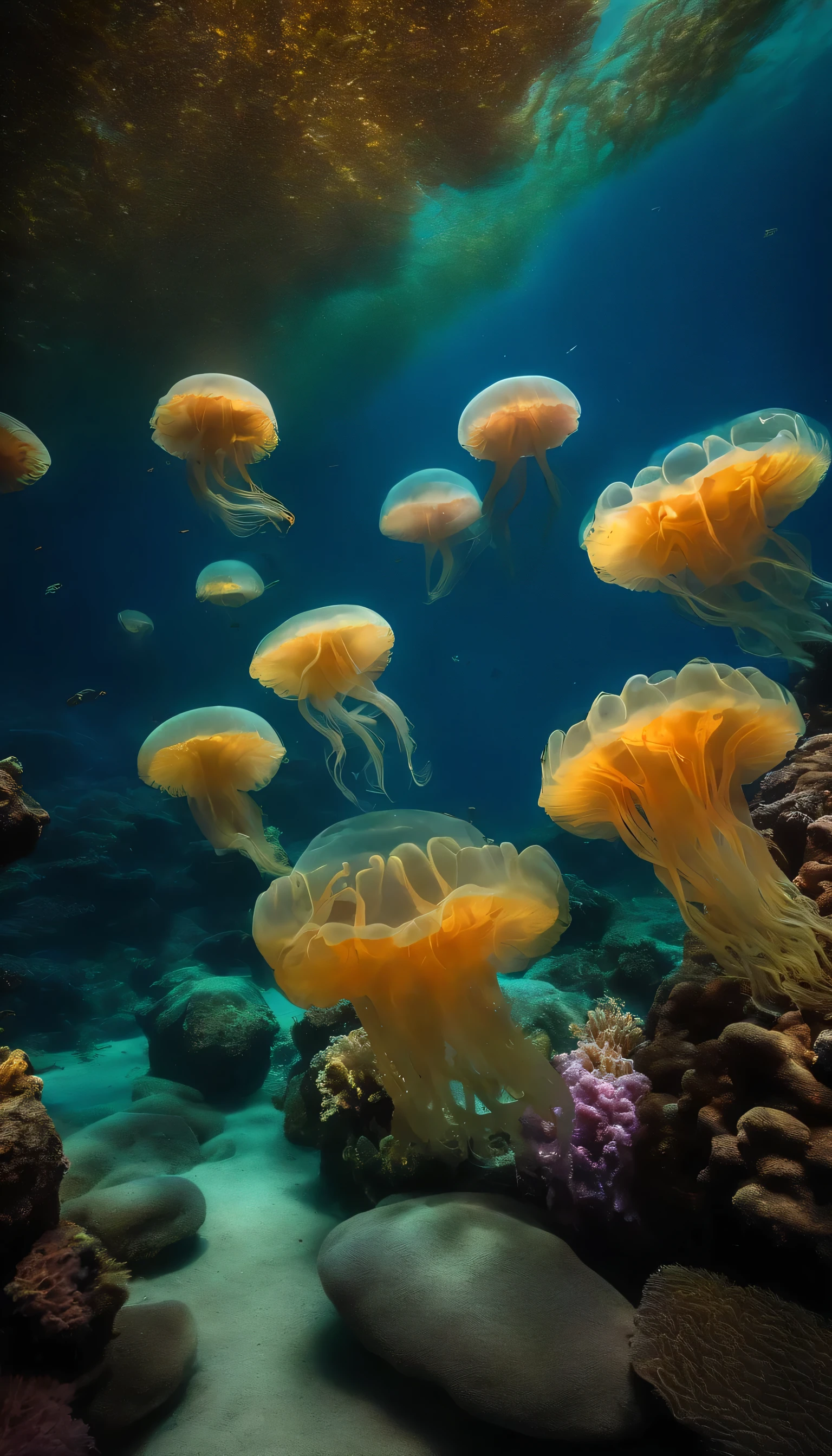 underWater mysterious Strangely shaped rocks are scattered around。Lots of glowing jellyfish and corals
