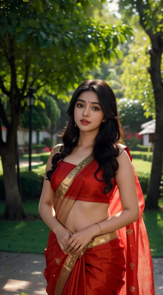 Masterpiece, highest quality, high resolution, solo, desi girl with chubby face and natural skin, wearing saree, curvy figure, charming black hair with hair ends subtly blended with blonde hues, backdrop of lush greenary village, bokeh effect creating a dreamy atmosphere.