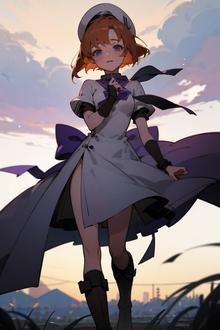 One girl，Beautiful viewasterpiece、Highest quality)，Short Hair,Orange Hair，Blue wristband，Purple ribbon，，Short sleeve，,Light colors,White Beret，Blue eyes,White slit dress，Black knee-high socks，whole body，Brown boots