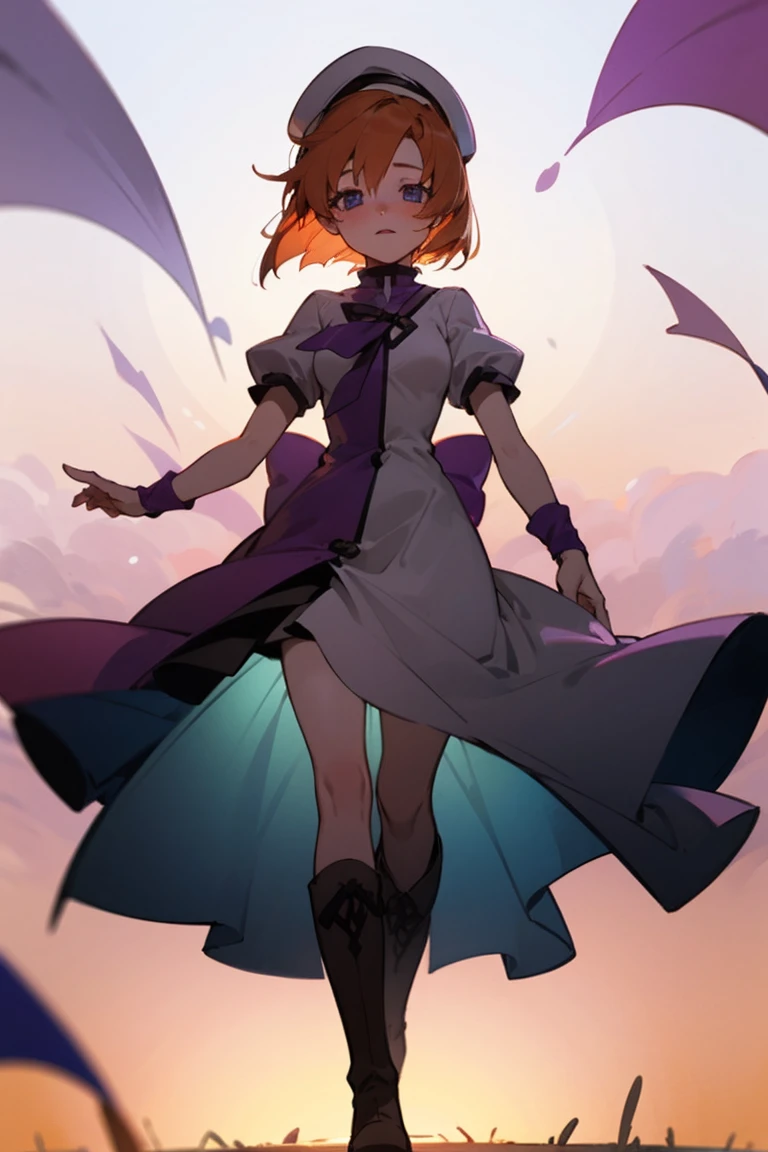 One girl，Beautiful viewasterpiece、Highest quality)，Short Hair,Orange Hair，Blue wristband，Purple ribbon，，Short sleeve，,Light colors,White Beret，Blue eyes,White slit dress，Black knee-high socks，whole body，Brown boots