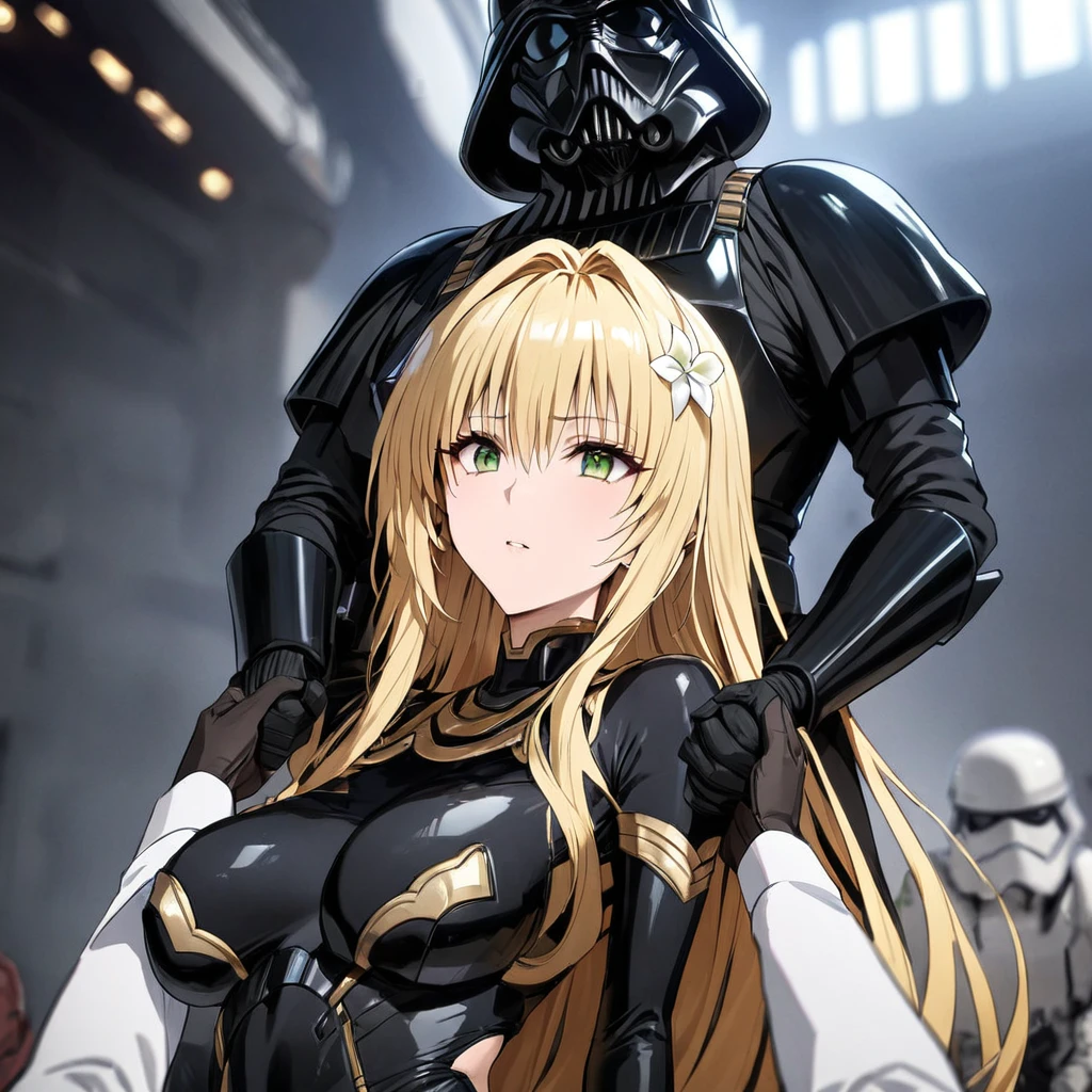 ((Highest quality)), ((masterpiece)), (detailed), （Perfect Face）、The woman is a Stormtrooper named Tiare, with green eyes, medium-length blonde hair, and is wearing a gorgeous black Stormtrooper bodysuit with gold patterns and trim, and a gorgeous Stormtrooper full-face helmet with gold patterns and trim.、The woman is being held by Darth Vader