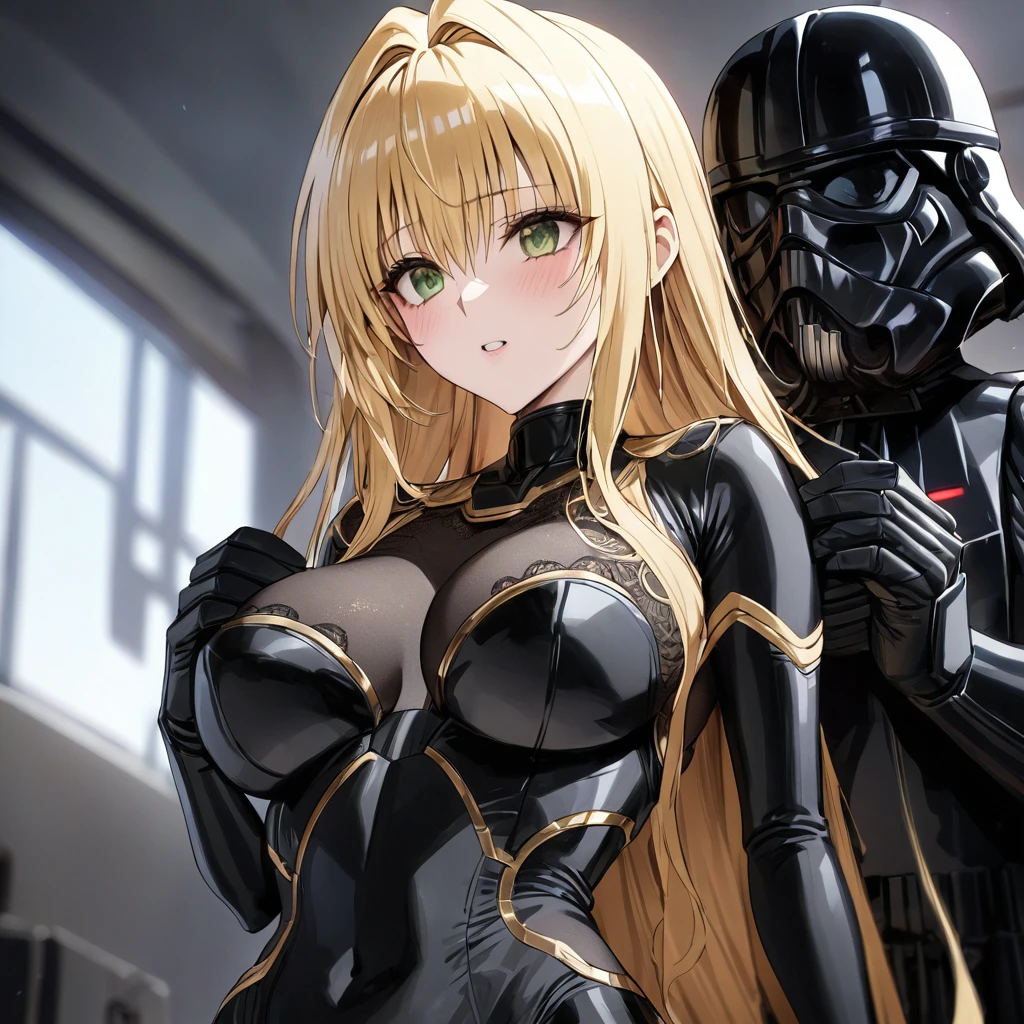 ((Highest quality)), ((masterpiece)), (detailed), （Perfect Face）、The woman is a Stormtrooper named Tiare, with green eyes, medium-length blonde hair, and is wearing a gorgeous black Stormtrooper bodysuit with gold patterns and trim, and a gorgeous Stormtrooper full-face helmet with gold patterns and trim.、The woman is being held by Darth Vader