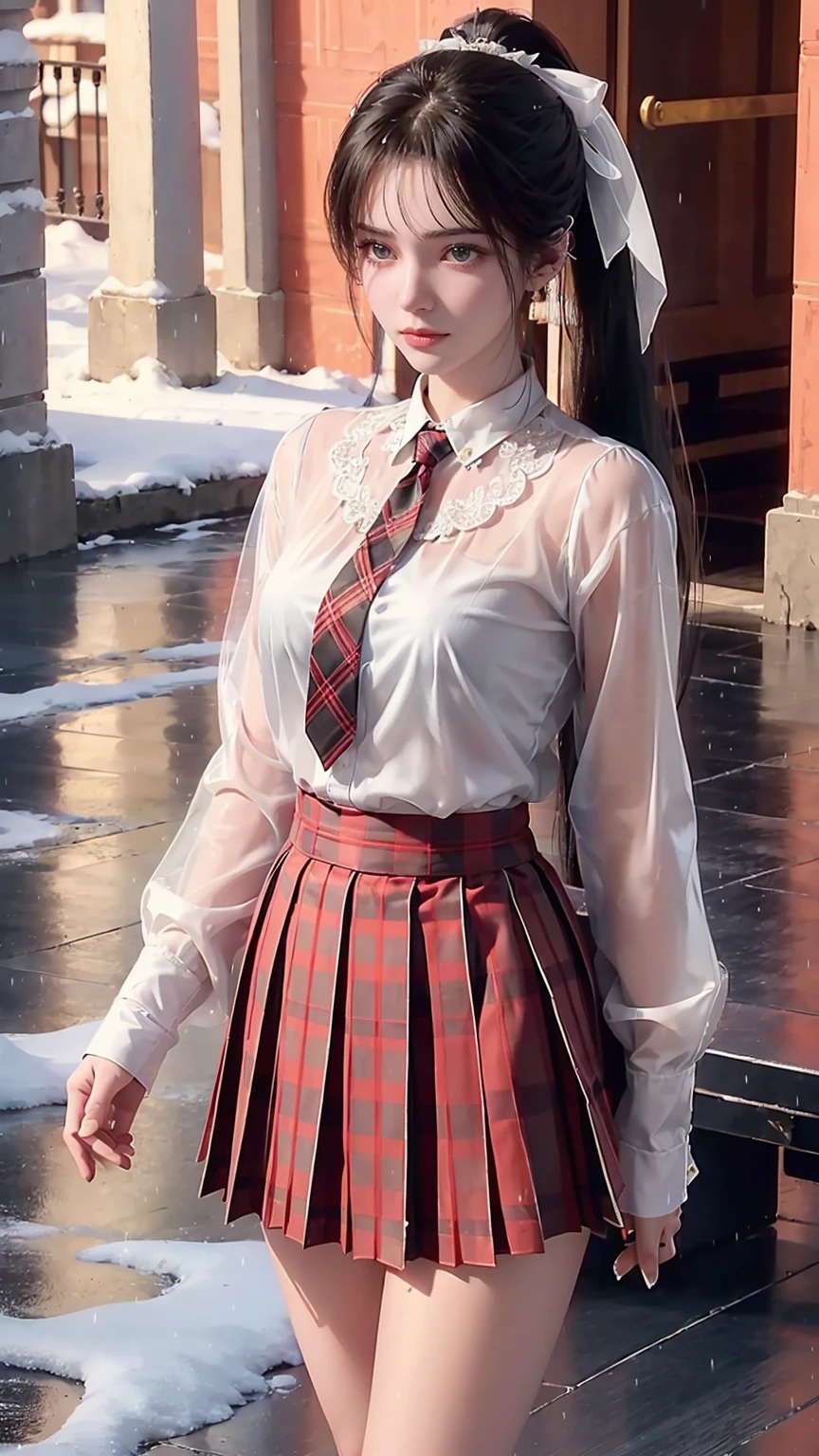 ((Smile))、confuse、original photo、(((The Ultimate Portrait Masterpiece)))、((The cutest girl in the world))、1 girl、18 years old、Japanese、Cute face、((Silky hair))、(Tie a high ponytail，Tie with ribbon:1.4)、((super:1.4))、((The eyes shine like jewels))、Radiant Skin、(Young woman;Composed of transparent white shirt, Thin band, Casual suits, Breathable plaid pleated skirt.:1.5)、Winter clothes、(Made of high-quality fabrics, Breathable fabric:1.4)、Extremely sophisticated、(She shyly pulled up her skirt:1)、(Breathable lace is clearly visible.:1.3)、((Crotch viewed from the front))、Skirt fluttering in the wind、Eyeliner、Beautiful bangs、Hair between the eyes、((solve、high resolution))、Detailed background、8 QHD、Digital SLR Camera、Soft Light、high solve、Film Grain、Fuji XT3、Shallow depth of field、Natural Soft Light、Tight waist,(Sometimes underskirt:3%),(Nipple suction:20% or suction:5%),(Wet by the snow:50% Or get wet by heavy rain:50%)