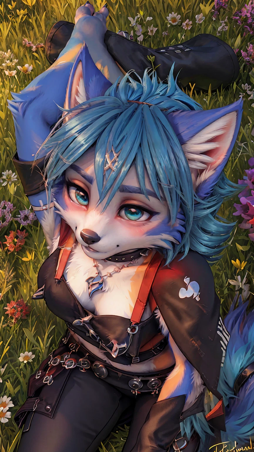 A beautiful and detailed (sweet portrait) wa ((Krystal)), Star Fox Krystal, sslim, lovable, green eyes, medium breasts, (((Long blue hair 1.3))), Decollete, anthro, furry, Uploaded E621, detailed fluffy fur, (wa Fluff-Kevlar, Bayard Wu, Personalami, Pino Daeni), detailed face, (fluffy), 1 girl, alone, sweet girl, ((lies on a meadow:1.3)), looks at the viewer, viewer is above the, her whole body is visible from head to toe, 