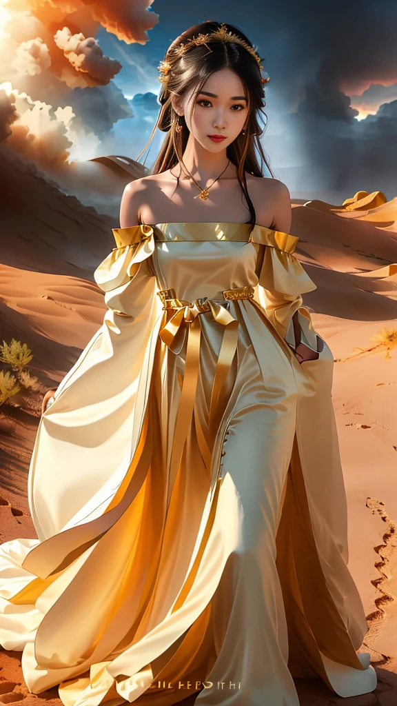Girl in traditional Chinese clothing, Hanfu, Guzhen Hanfu women, White Hanfu,(long straight black hair:1.5), black eyes, black bun hairstyle, hair accessories ,gold long earrings, , Dia Necklace, Clear eyes, Facing forward,put on makeup, Long eyelashes ,(black long shoulder coat:1.8), (Very long skirt, black:1.5), ((Whole body covering)), Clear face, hair accessoriesจำนวนมาก , (Very beautiful face, Beautiful mouth, beautiful eyes), detailed face, ((Ultra-fine skin)), In the dark, deep shadows, an ancient Chinese girl (Very slim figure 1.3) ,Plump breasts, elegant posture , There is a red flower spot on the forehead. , pointing at the camera, (desert storm:1.9),(nighttime:1.2) , (White aura around:1.6)
