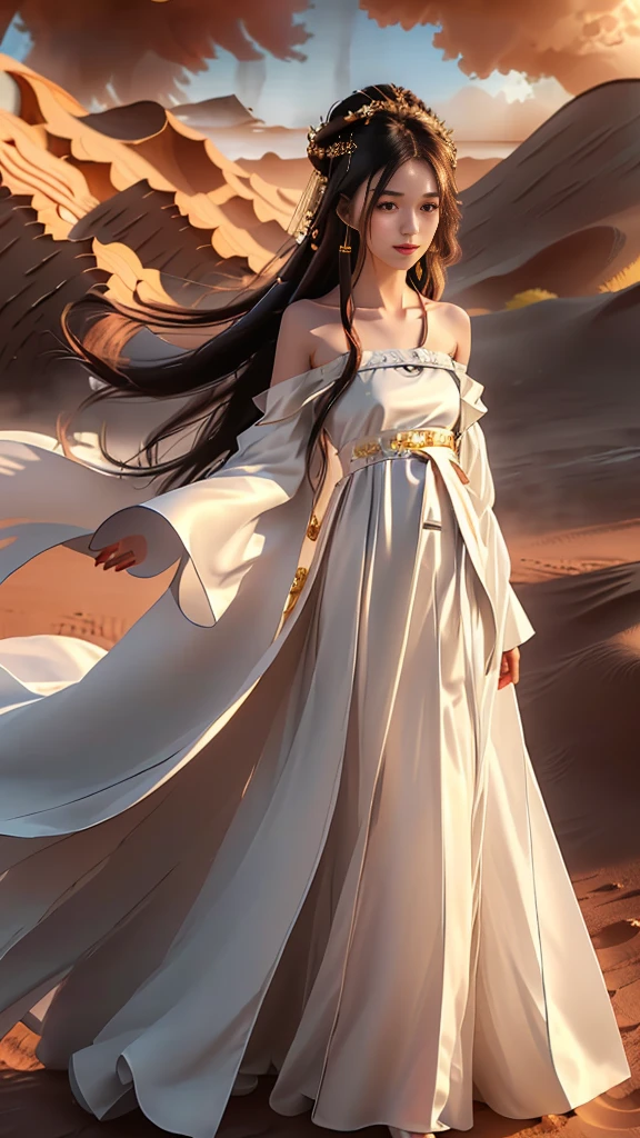 Girl in traditional Chinese clothing, Hanfu, Guzhen Hanfu women, White Hanfu,(long straight black hair:1.5), black eyes, black bun hairstyle, hair accessories ,gold long earrings, , Dia Necklace, Clear eyes, Facing forward,put on makeup, Long eyelashes ,(black long shoulder coat:1.8), (Very long skirt, black:1.5), ((Whole body covering)), Clear face, hair accessoriesจำนวนมาก , (Very beautiful face, Beautiful mouth, beautiful eyes), detailed face, ((Ultra-fine skin)), In the dark, deep shadows, an ancient Chinese girl (Very slim figure 1.3) ,Plump breasts, elegant posture , There is a red flower spot on the forehead. , pointing at the camera, (desert storm:1.9),(nighttime:1.2) , (White aura around:1.6)