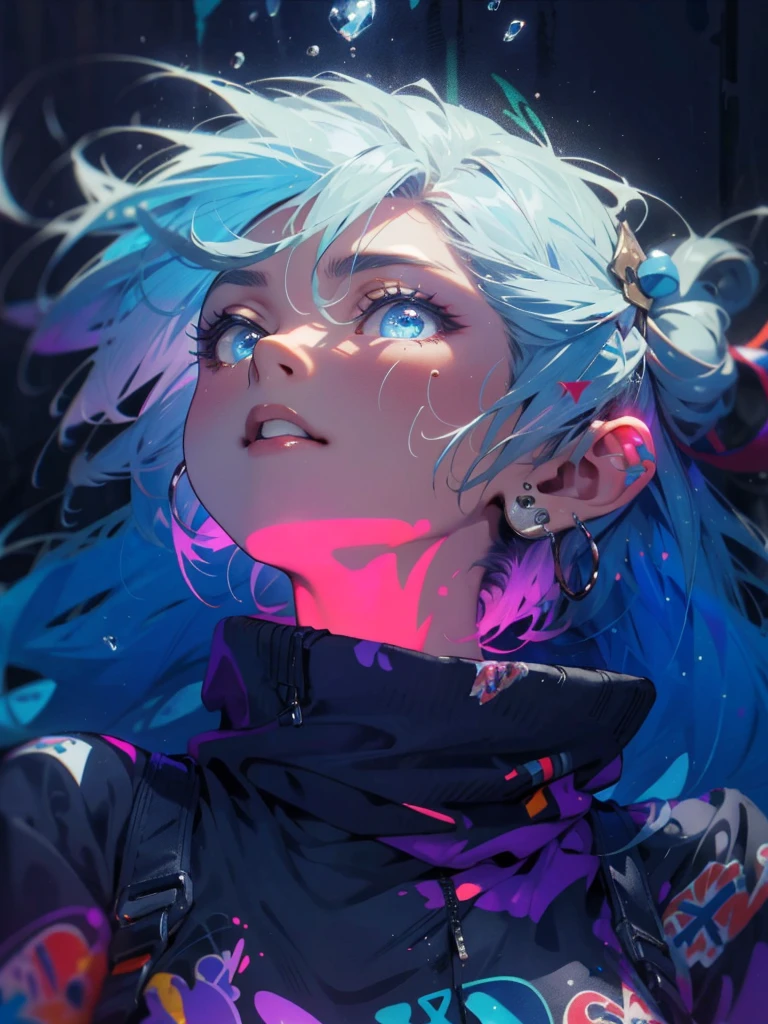 make realistic,(nmasterpiece,top Quority,best qualtiy,offcial art),ighly detailed,Colorful,best detailed,fairy chalet,Broad background,Kamimei,length hair,cabelos preto e longos,Beautiful woman、(masterpiece:1.2、top-quality)、(graffiti wall:1.2)、1lady、Beanie、jaket、leggins、blue eyess、full bodyesbian、