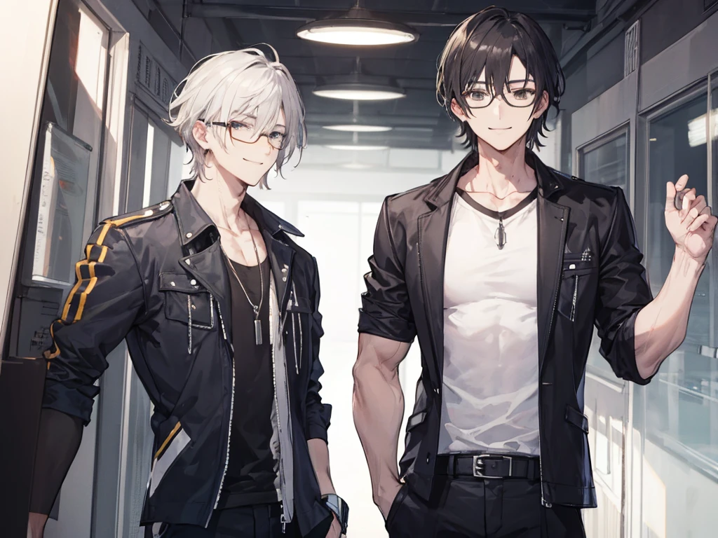 A muscular man smiling at a thin man wearing glasses who looks depressed and putting his hand on his shoulder、Highest quality、
