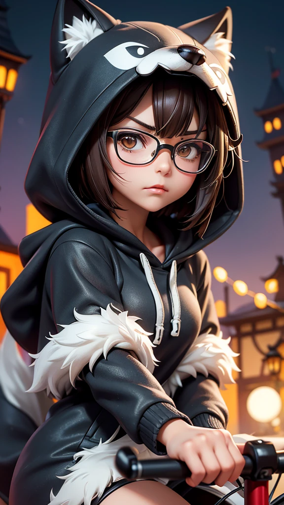 (Highest quality:1.2)。One Woman。Beautiful woman。Brunette short bob。Glasses。Angry expression。(Wearing a hooded wolf costume)。(Riding hard on a bicycle)。The background is a Halloween town at night。