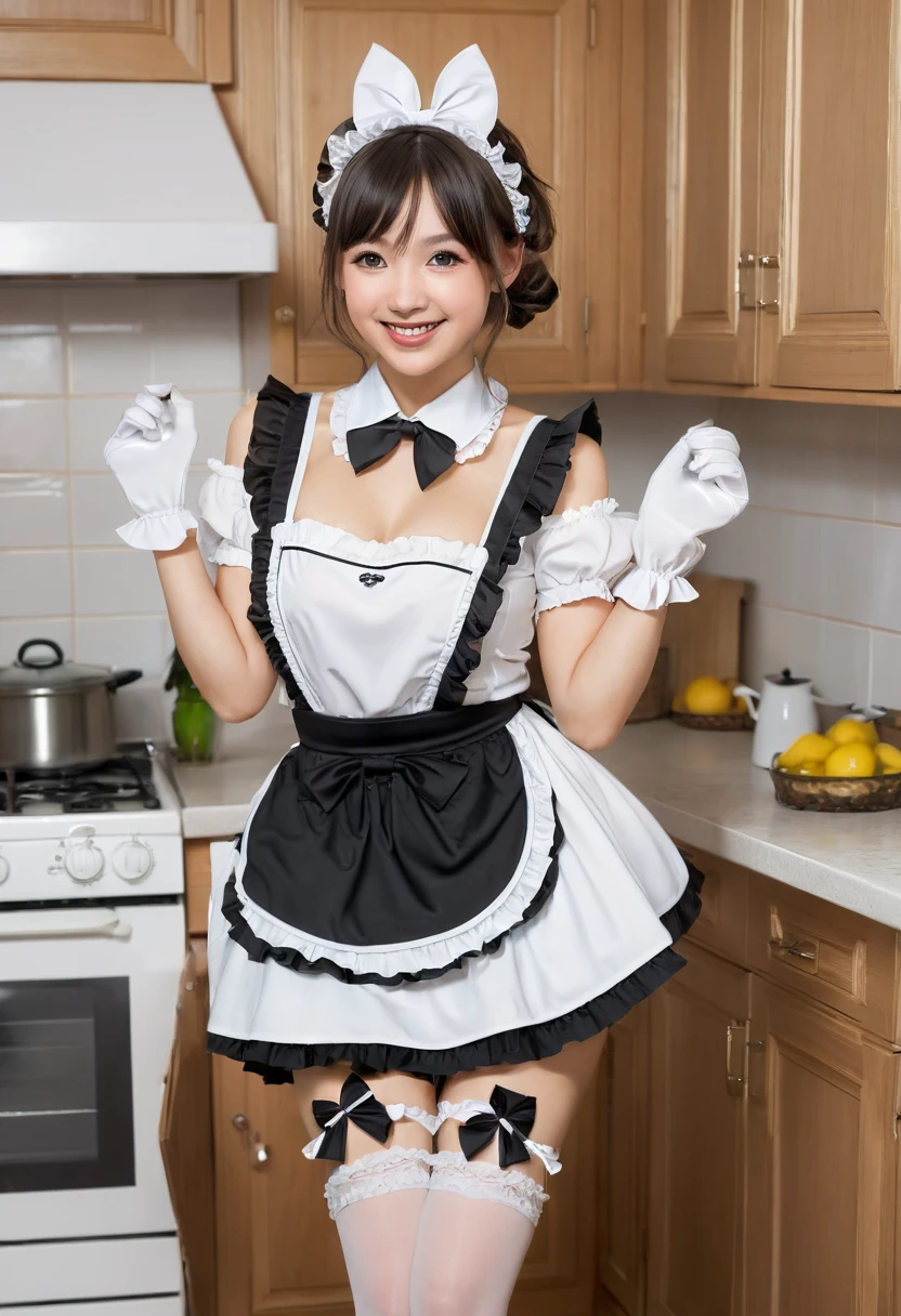 full body photography,1 girl, flirting with camera, posing, lifting up one legs,wearing french maid uniform,cute Russian girl face,maid apron, maid headdress,waist apron, bare shoulders, black dress, wearing black pantyhose,smile, frilled apron, black high heels, white bow, shoes, elbow gloves, white apron, black gloves, buttons, white bowtie, black collar, kitchen 