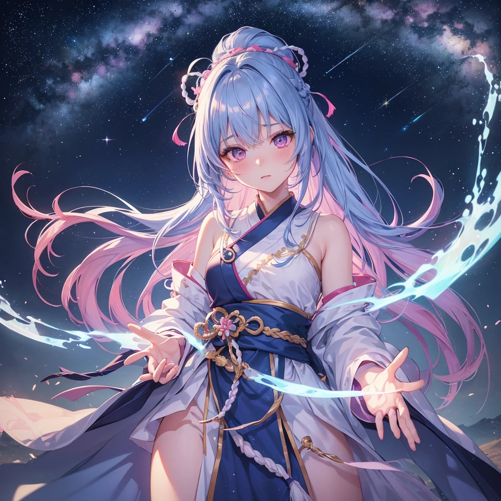 Sky blue hair, (One braided ponytail),(Pink Eyes),Fair skin ,(whole body),(One girl),Hanfu,The goddess,Tanabata,(A beautiful Milky Way in the night sky),Hollow Eyes,Blushing,Straight bangs,(masterpiece, Highest quality, Very detailed, Best Shadow), (Detailed Background), (Beautifully detailed face), High Contrast, (Best lighting, Very delicate and beautiful), ((Cinematic Light)), colorful, Hyper Detail, Dramatic Light, Intricate details,