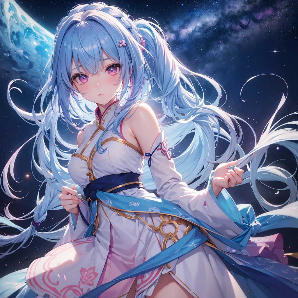 Sky blue hair, (One braided ponytail),(Pink Eyes),Fair skin ,(whole body),(One girl),Hanfu,The goddess,Tanabata,(A beautiful Milky Way in the night sky),Hollow Eyes,Blushing,Straight bangs,(masterpiece, Highest quality, Very detailed, Best Shadow), (Detailed Background), (Beautifully detailed face), High Contrast, (Best lighting, Very delicate and beautiful), ((Cinematic Light)), colorful, Hyper Detail, Dramatic Light, Intricate details,