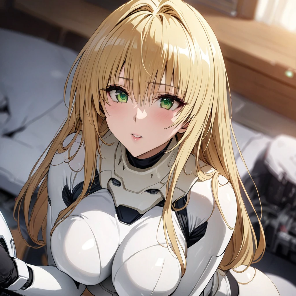 ((Highest quality)), ((masterpiece)), (detailed), （Perfect Face）、The woman is Tiare, with green eyes, medium-long blonde hair, and is wearing a Stormtrooper bodysuit and a full-face helmet.