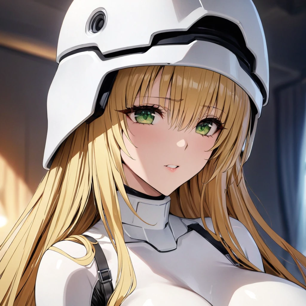 ((Highest quality)), ((masterpiece)), (detailed), (Perfect Face)、The woman is Tiare, with green eyes, medium-long blonde hair, and is wearing a Stormtrooper bodysuit and a full-face helmet.