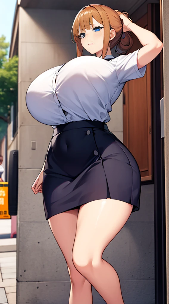 (masterpiece, best quality:1.2), Solitary, A girl, Ogawa Sukeko,In the narrow streets,(Black school uniform,黑色Short skirt),There are walls in front and behind,((blue eyes,beautiful eyes)), Put your hair up, Short skirt,Thin belly),(slim),((Big tits))Big Ass(Look away:1.4),(from above),(Huge breasts)