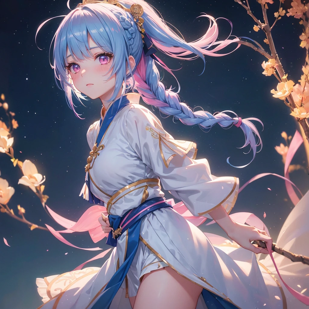 Sky blue hair, (One braided ponytail),(Pink Eyes),Fair skin ,(whole body),(One girl),Hanfu,The goddess,Tanabata,(A beautiful Milky Way in the night sky),Stern face,Blushing,Straight bangs,(masterpiece, Highest quality, Very detailed, Best Shadow), (Detailed Background), (Beautifully detailed face), High Contrast, (Best lighting, Very delicate and beautiful), ((Cinematic Light)), colorful, Hyper Detail, Dramatic Light, Intricate details,