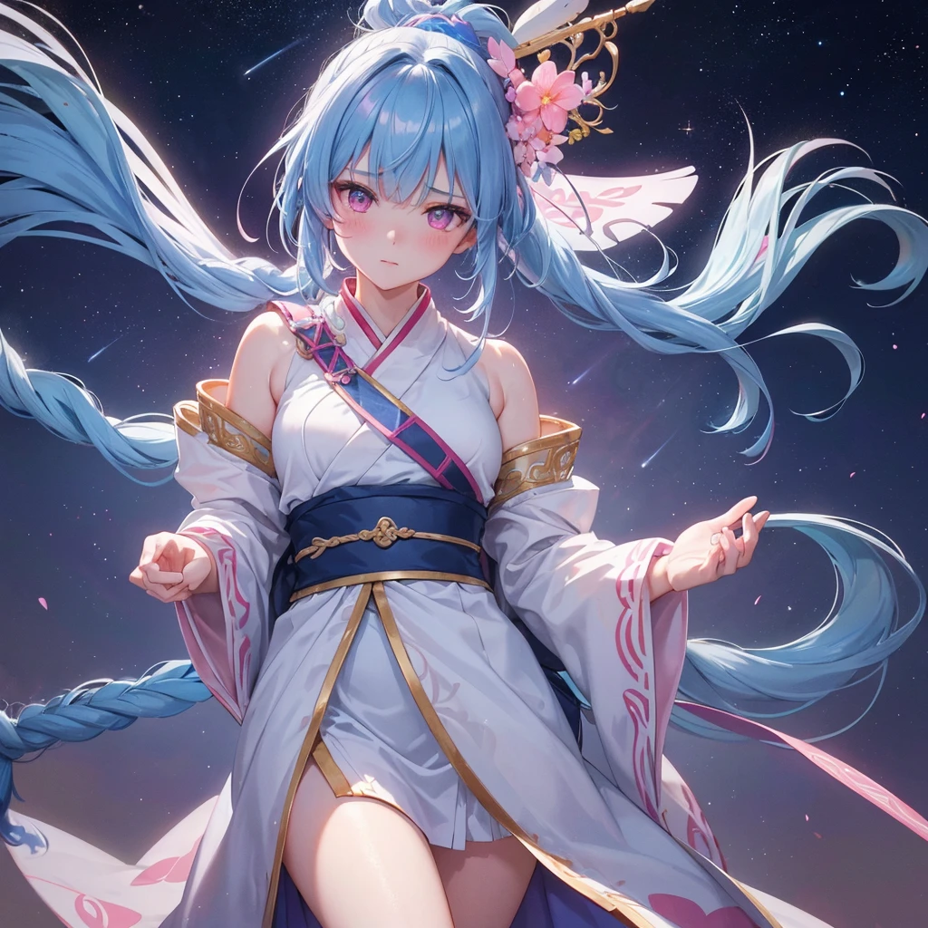Sky blue hair, (One braided ponytail),(Pink Eyes),Fair skin ,(whole body),(One girl),Hanfu,The goddess,Tanabata,(A beautiful Milky Way in the night sky),Stern face,Blushing,Straight bangs,(masterpiece, Highest quality, Very detailed, Best Shadow), (Detailed Background), (Beautifully detailed face), High Contrast, (Best lighting, Very delicate and beautiful), ((Cinematic Light)), colorful, Hyper Detail, Dramatic Light, Intricate details,