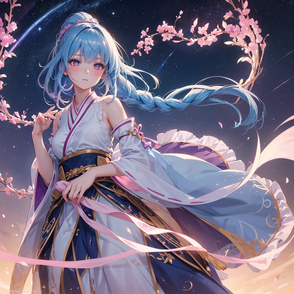 Sky blue hair, (One braided ponytail),(Pink Eyes),Fair skin ,(whole body),(One girl),Hanfu,The goddess,Tanabata,(A beautiful Milky Way in the night sky),Stern face,Blushing,Straight bangs,(masterpiece, Highest quality, Very detailed, Best Shadow), (Detailed Background), (Beautifully detailed face), High Contrast, (Best lighting, Very delicate and beautiful), ((Cinematic Light)), colorful, Hyper Detail, Dramatic Light, Intricate details,