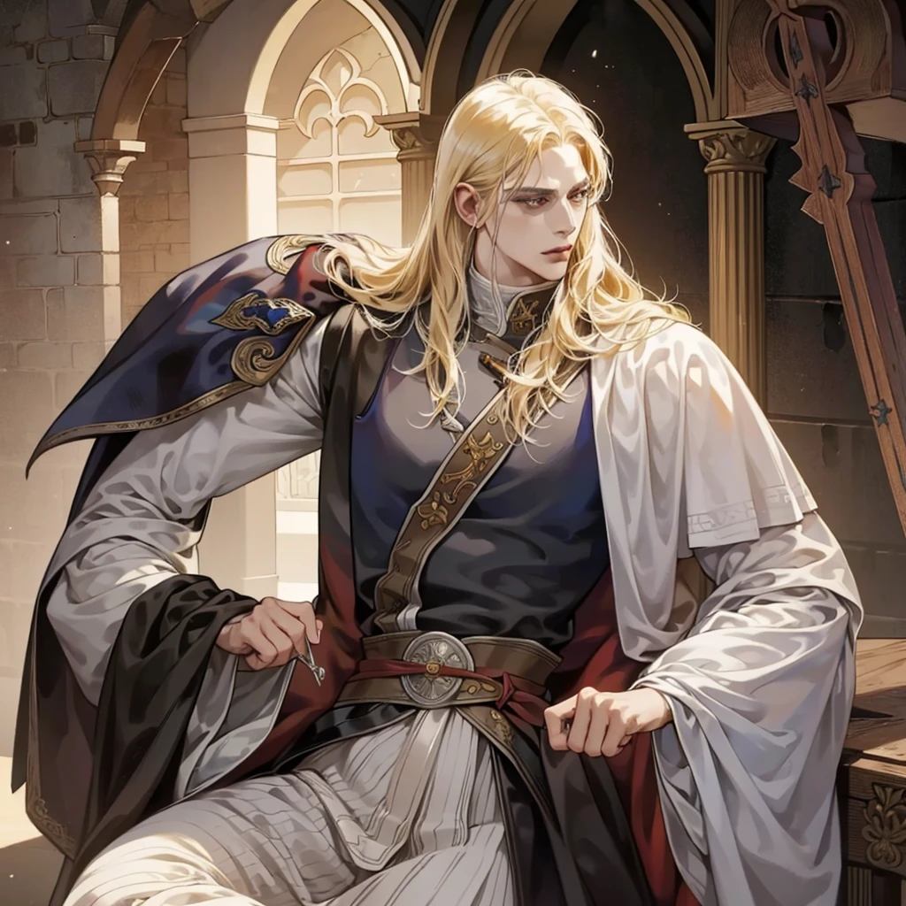 One, Castlevania Lord handsome, a thin man heads a monastery, hyper realistic super detailed dynamic pose super detailed face, long hair, blonde hair, Sharp facial features, adult, handsome man, in medieval attire