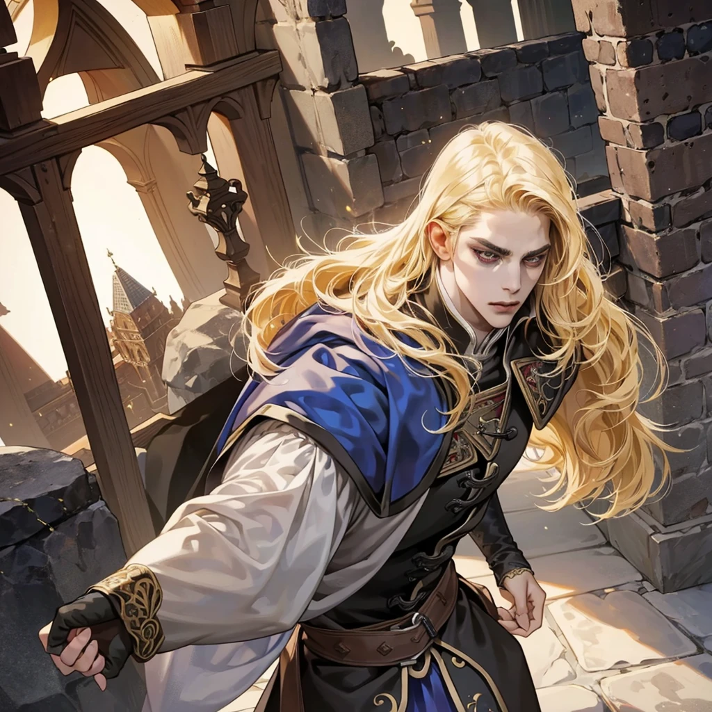 One, Castlevania Lord handsome, a thin man heads a monastery, hyper realistic super detailed dynamic pose super detailed face, long hair, blonde hair, Sharp facial features, adult, handsome man, in medieval attire