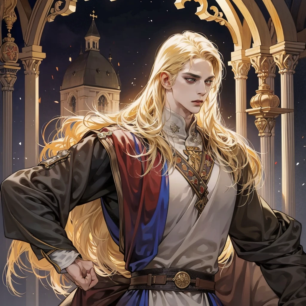One, Castlevania Lord handsome, a thin man heads a monastery, hyper realistic super detailed dynamic pose super detailed face, long hair, blonde hair, Sharp facial features, adult, handsome man, in medieval attire