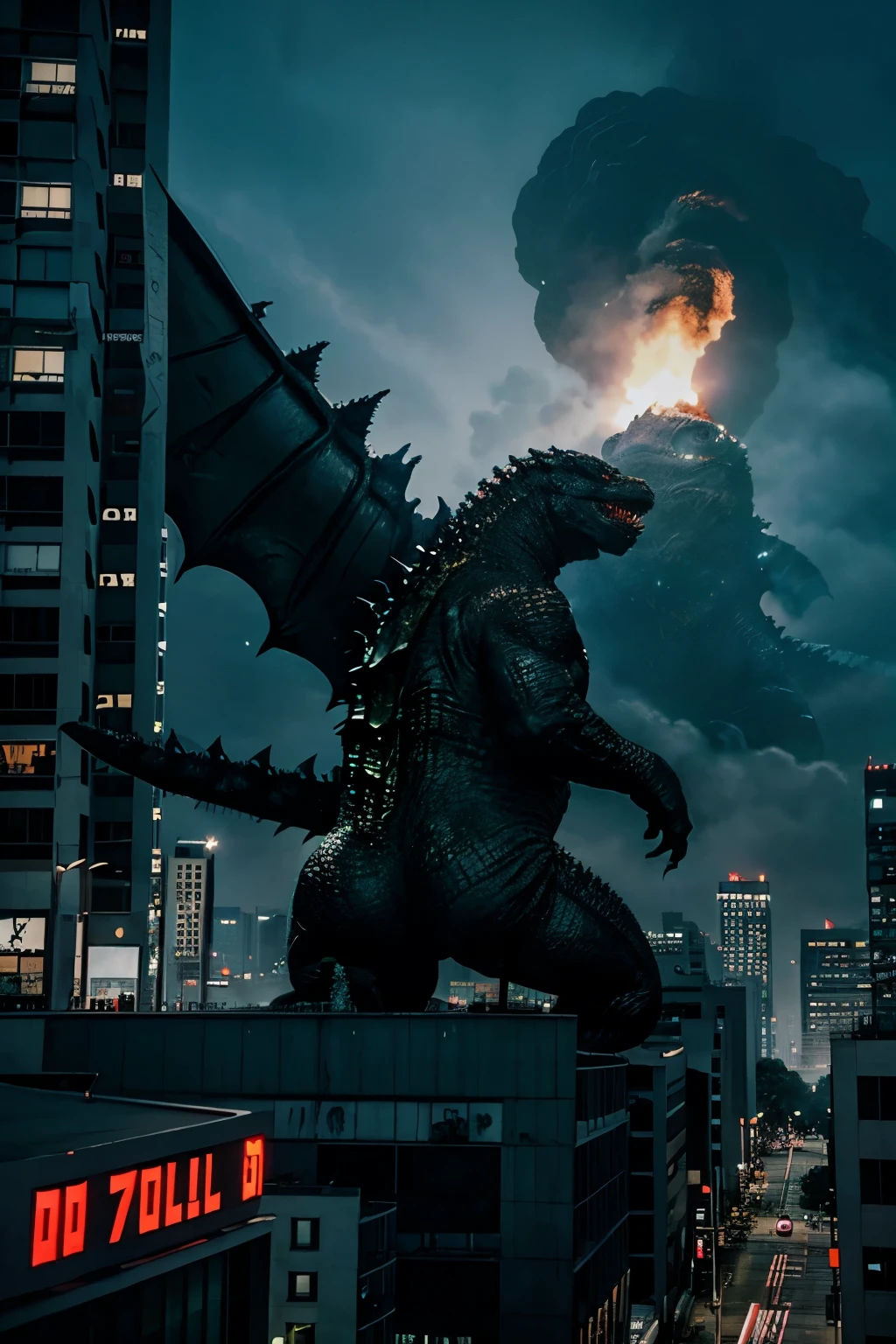 Godzilla with his head on a building and shooting in the ass