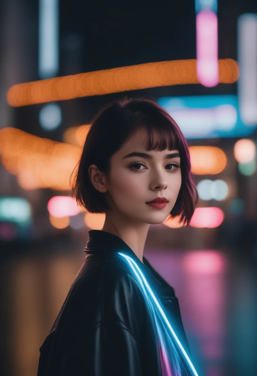 score_9, score_8_up, score_7_up, score_6_up, aesthetic portrait, 1girl,solo, short hair, bokeh, depth of field, cinematic, nighttime, neon colors, hard lights, rim lights