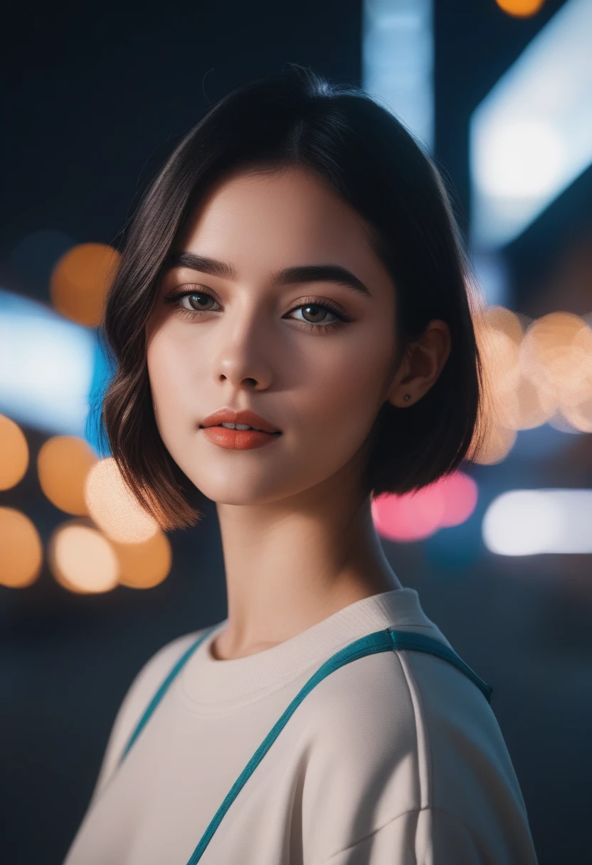 score_9, score_8_up, score_7_up, score_6_up, aesthetic portrait, 1girl,solo, short hair, bokeh, depth of field, cinematic, nighttime, neon colors, hard lights, rim lights
